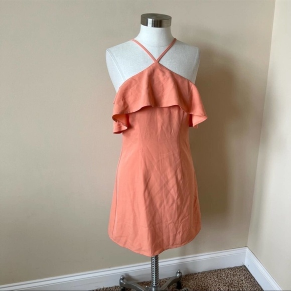 By the way. Ruffle Halter Adjustable Straps Mini Dress Size S Coral 14560 - Picture 3 of 8